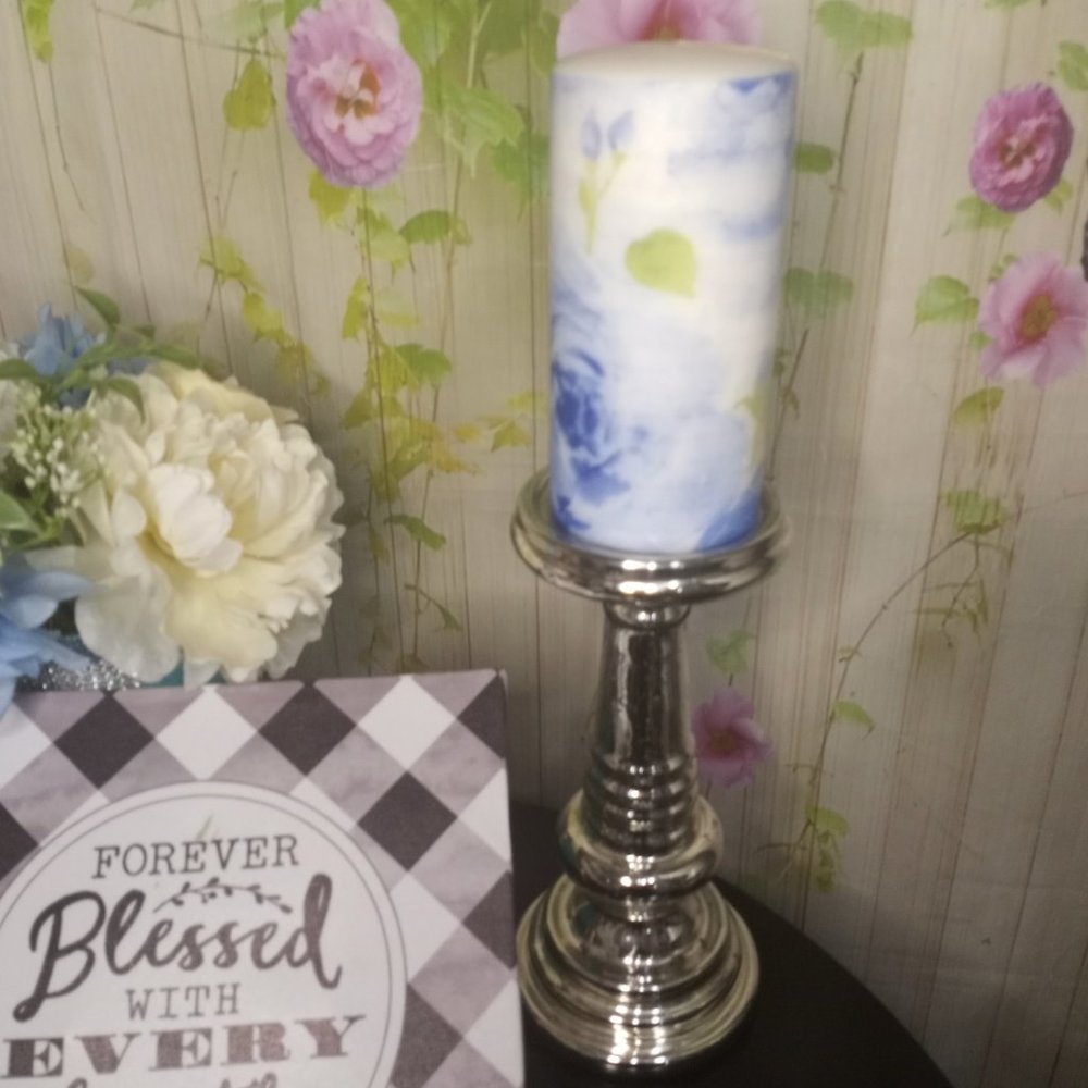 Tall Pillar Candle Blue Rose Decoupage Unscented